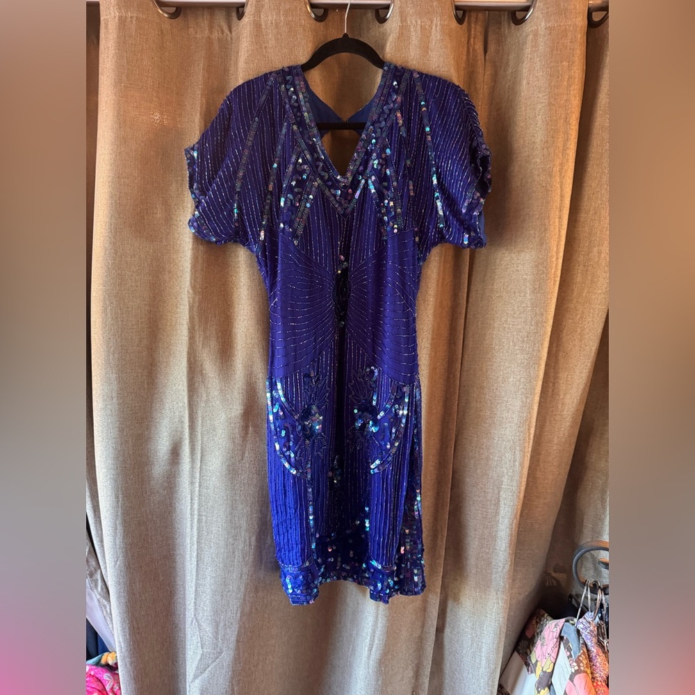Vintage Scala Stunning Blue Sequin Silk Mini Dress - Picture 1 of 12